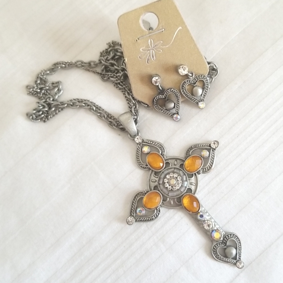 Silver Amber Rhinestone Heart Cross Necklace Earring Set